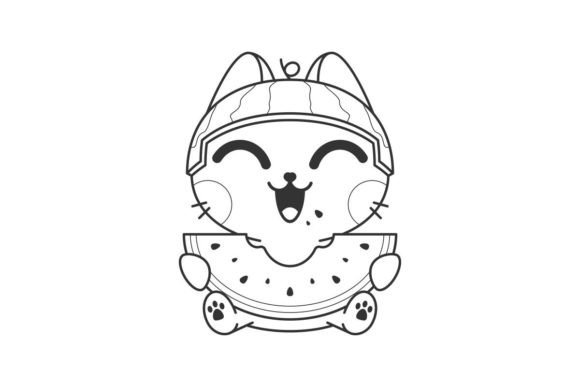 Adorable Line Art: A Cat Enjoying Watermelon