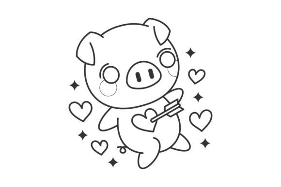 Charming Line Art: Cute Pig with Love Arrow Vector