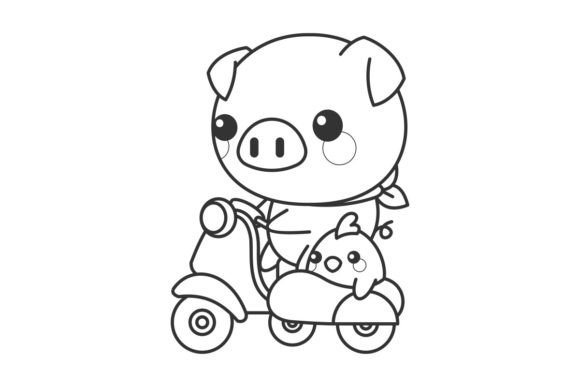 Charming Line Art: Pig and Chick Riding a Scooter