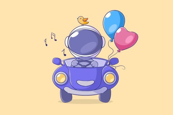 Creative Design with an Astronaut Driving a Car with Birds