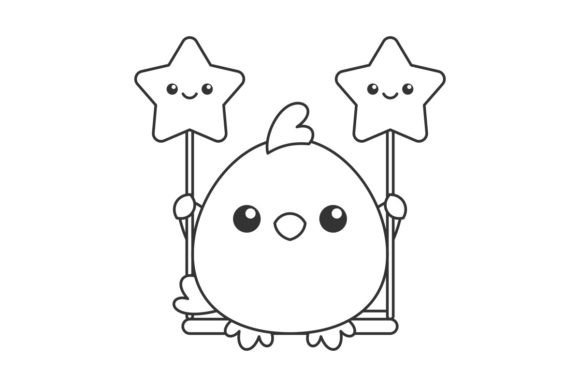 Cute Chick on Swing: A Modern Line Art Design Asset