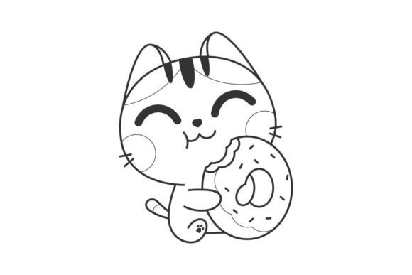 Kitten Character Eating Donut Line Style